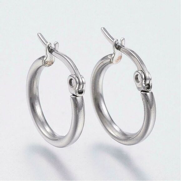 Surgical Stainless Steel Silver Sleek Round Minimalist Hoop Earrings 15mm - Picture 1 of 2
